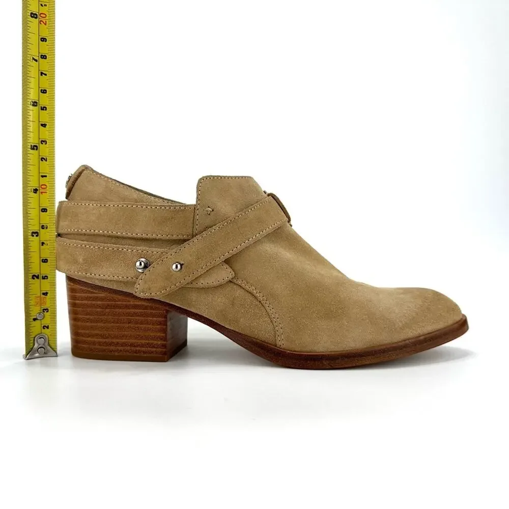 Rag & Bone Harley Women Tan Moto Bootie Size 7 Italian Suede Belted Block Heel